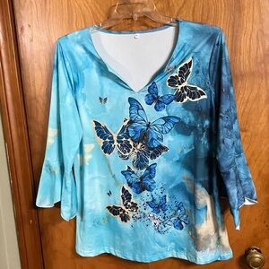 Blue Butterfly V-Neck Long Sleeve Women's Top